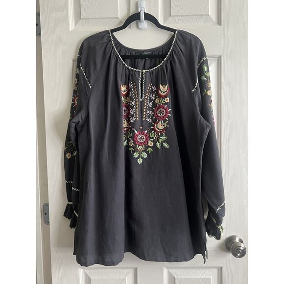 J. PETERMAN Dark Gray Floral Embroidered Bohemian Peasant Tunic Blouse Top Sz L - Picture 7 of 12